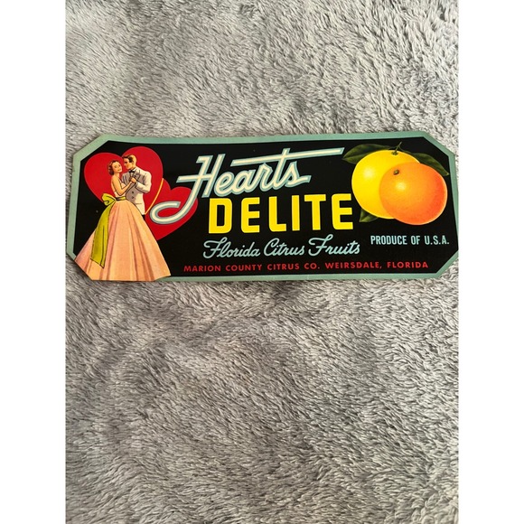 Vintage Hearts Delite Florida Citrus Label Romantic Couple Art Deco 4x8 USA